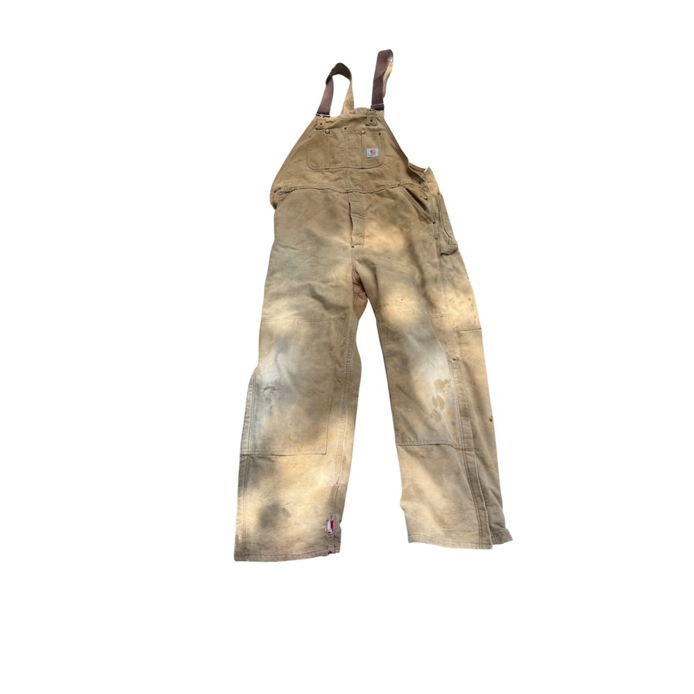 Carhartt Mens Vintage Quilt Lined Duck Canvas Bib Overalls‎ Tan 40x32 thrashed